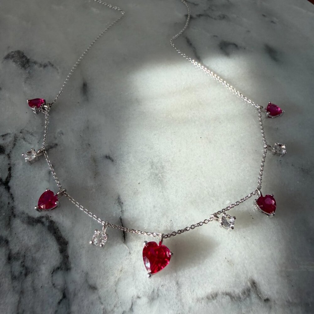 Beautiful Created Ruby & Created White Sapphire Heart Sterling Silver Necklace - Picture 15 of 15